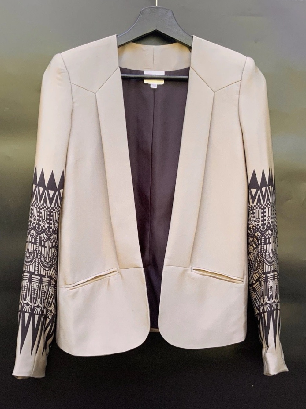 Parker Reef 100% Silk Tuxedo Blazer Colorblock Geo Print Taupe Black XS
